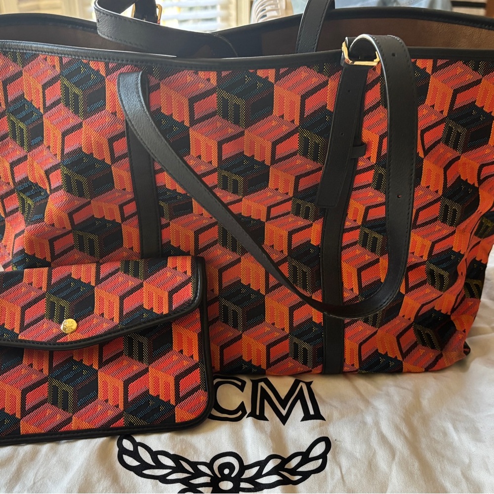 MCM Vibrant Orange and Black Tote with Clutch